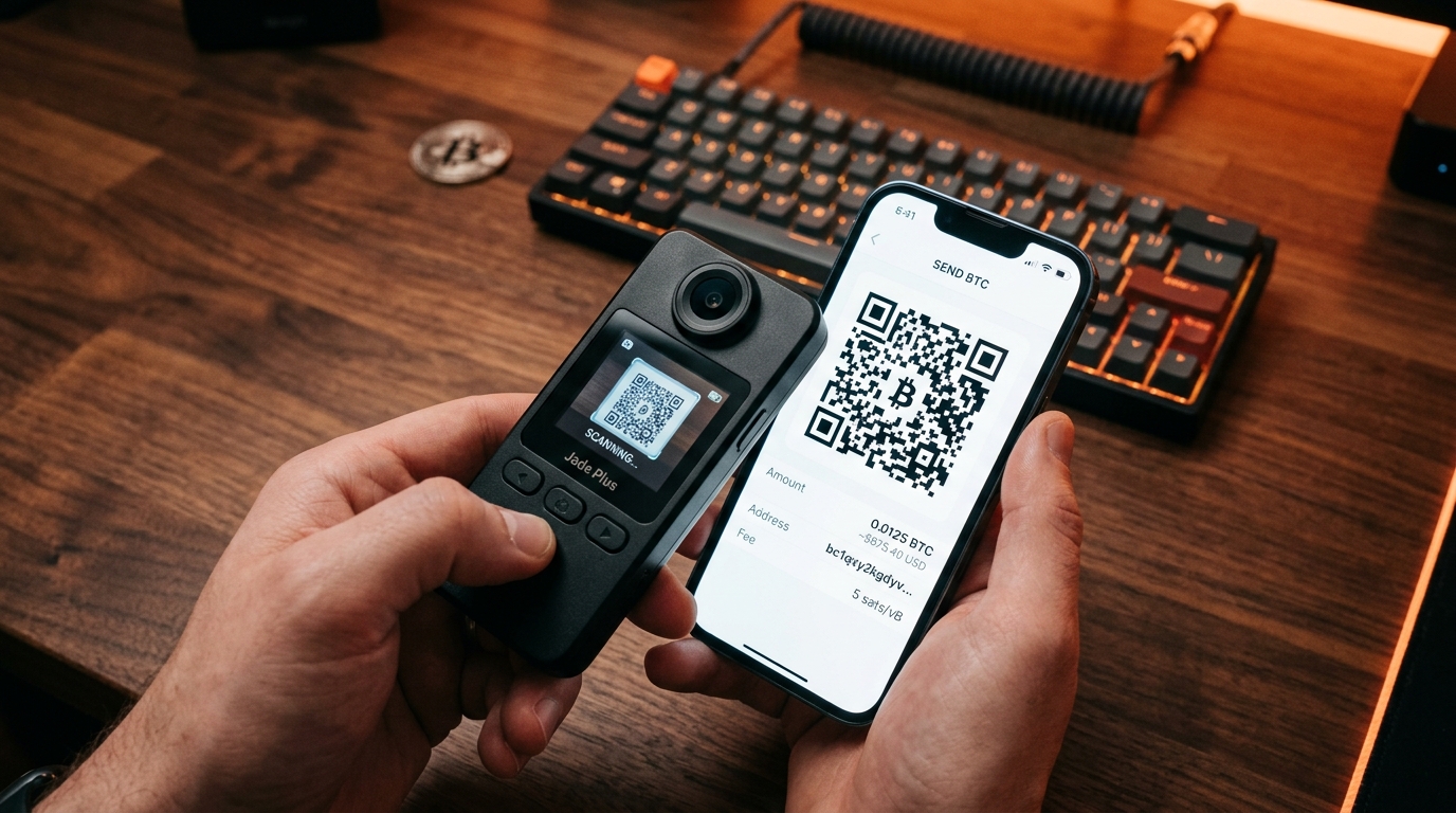Blockstream Jade Plus scanning mobile Bitcoin transaction