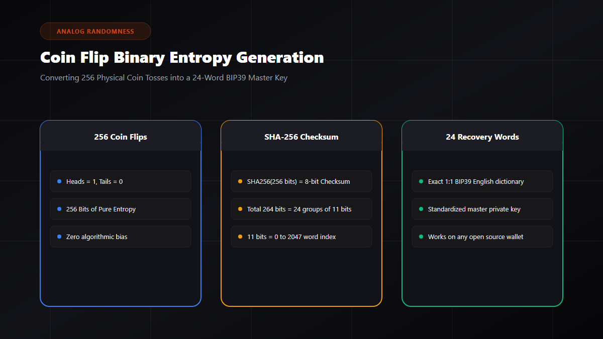 Coin Flip Binary Entropy to BIP39 Seed Diagram