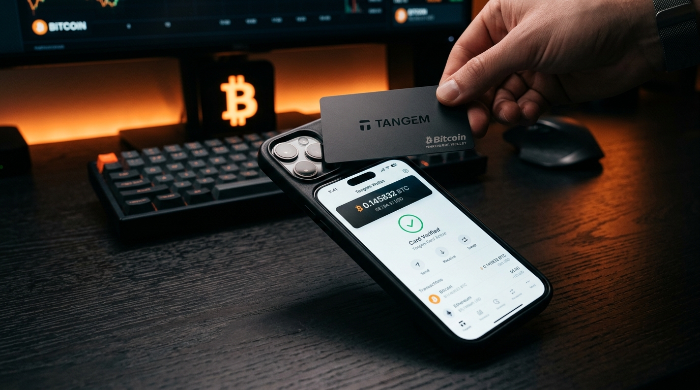 Tangem Bitcoin hardware wallet card tapping against smartphone